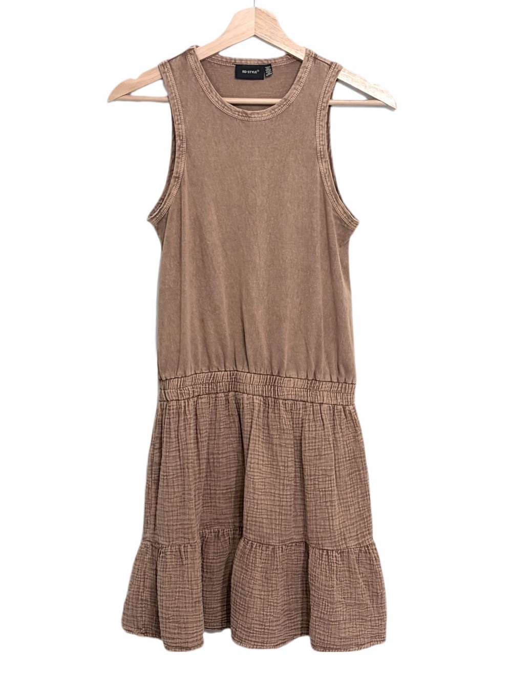 RD Style Sleeveless Tiered Mini Dress Mineral-Washed Tan Size XS